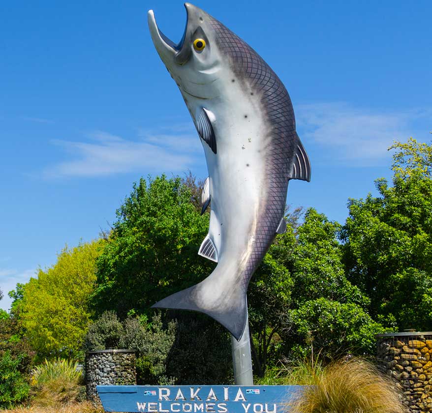 RAKAIA NEW ZEALAND welcome salmon iconic township entrance