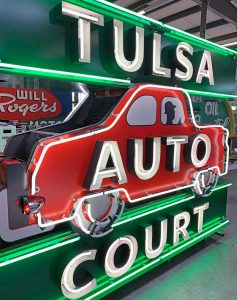 HofferWaska Creative (Tulsa, OK) recreated the designs using old postcards and a few color images found online. Amax Sign Co. (Tulsa, OK) fabricated and installed the signs.