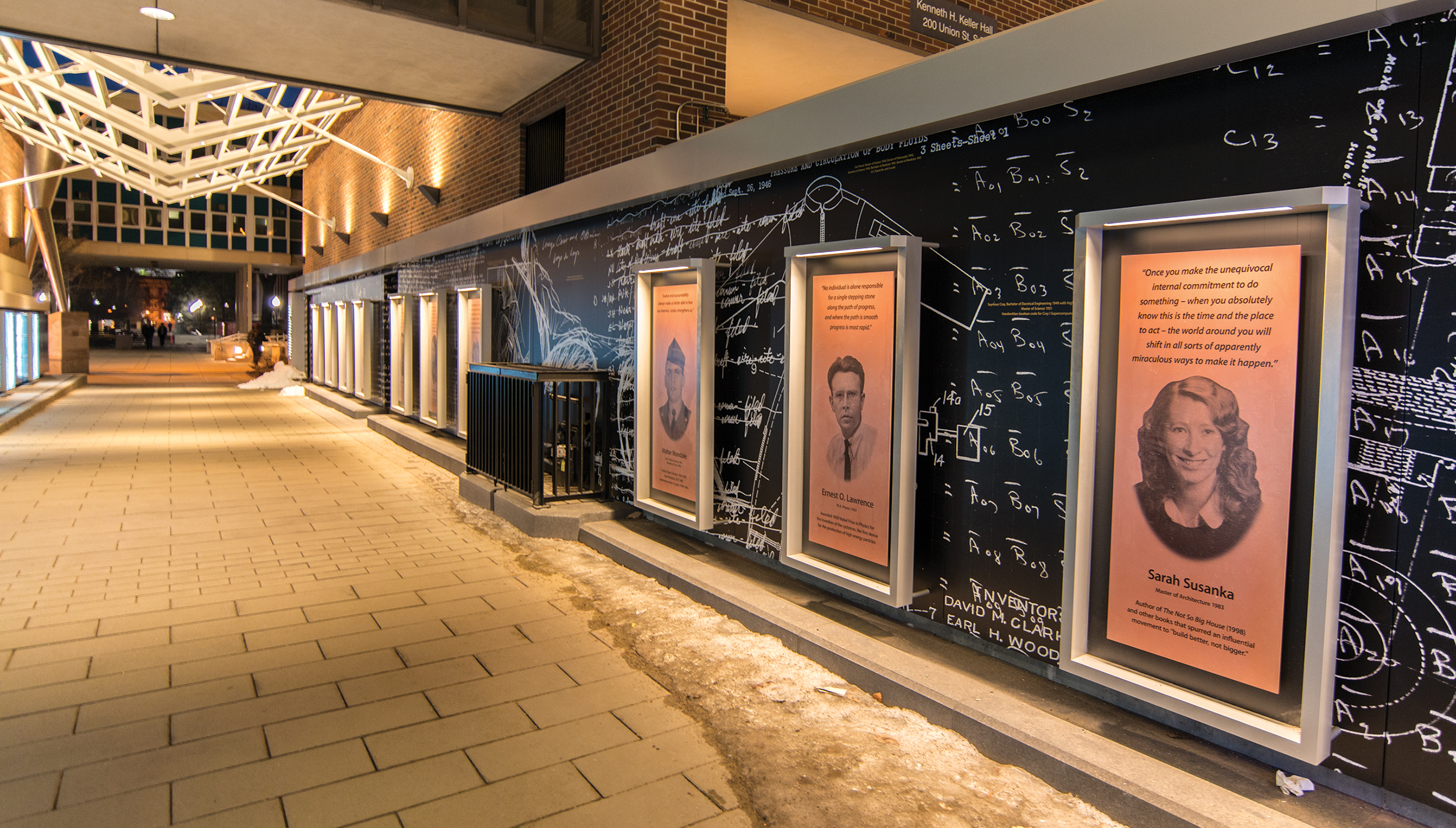 This “wall of discovery” on the University of Minnesota campus includes a “discovery gallery” of illuminated displays (lower right).