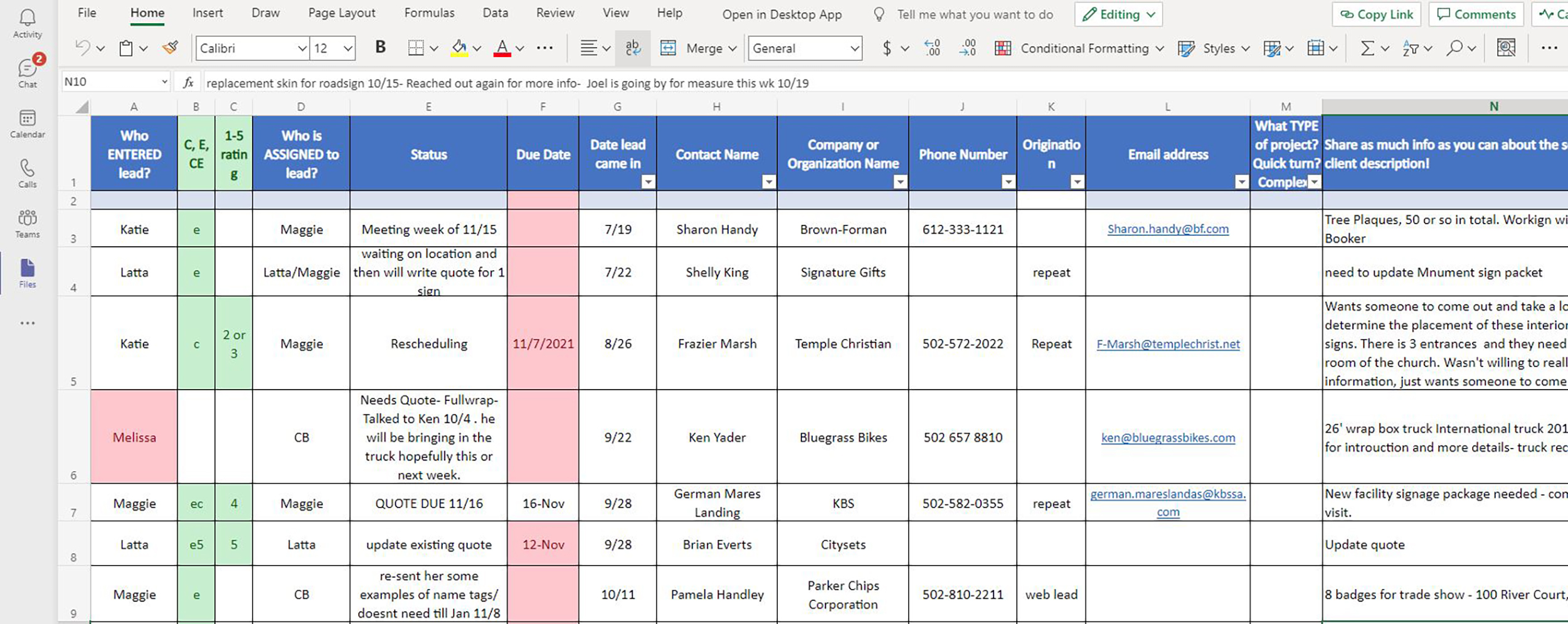 Signarama Downtown’s spreadsheet inside of Microsoft Teams that everyone can edit.