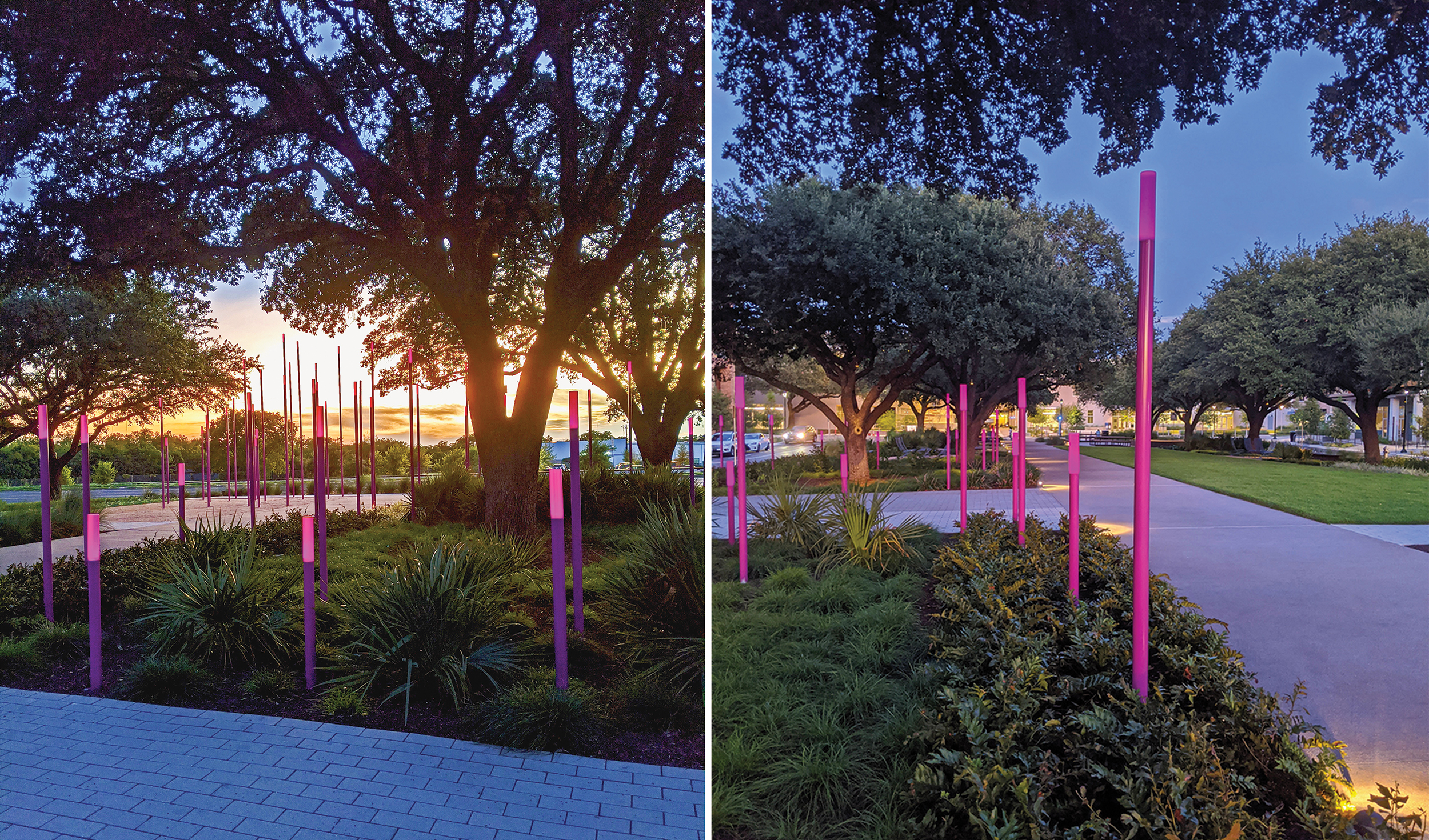 Ion Art fabricated and installed these LED light poles in North Austin's new Fontaine Plaza.