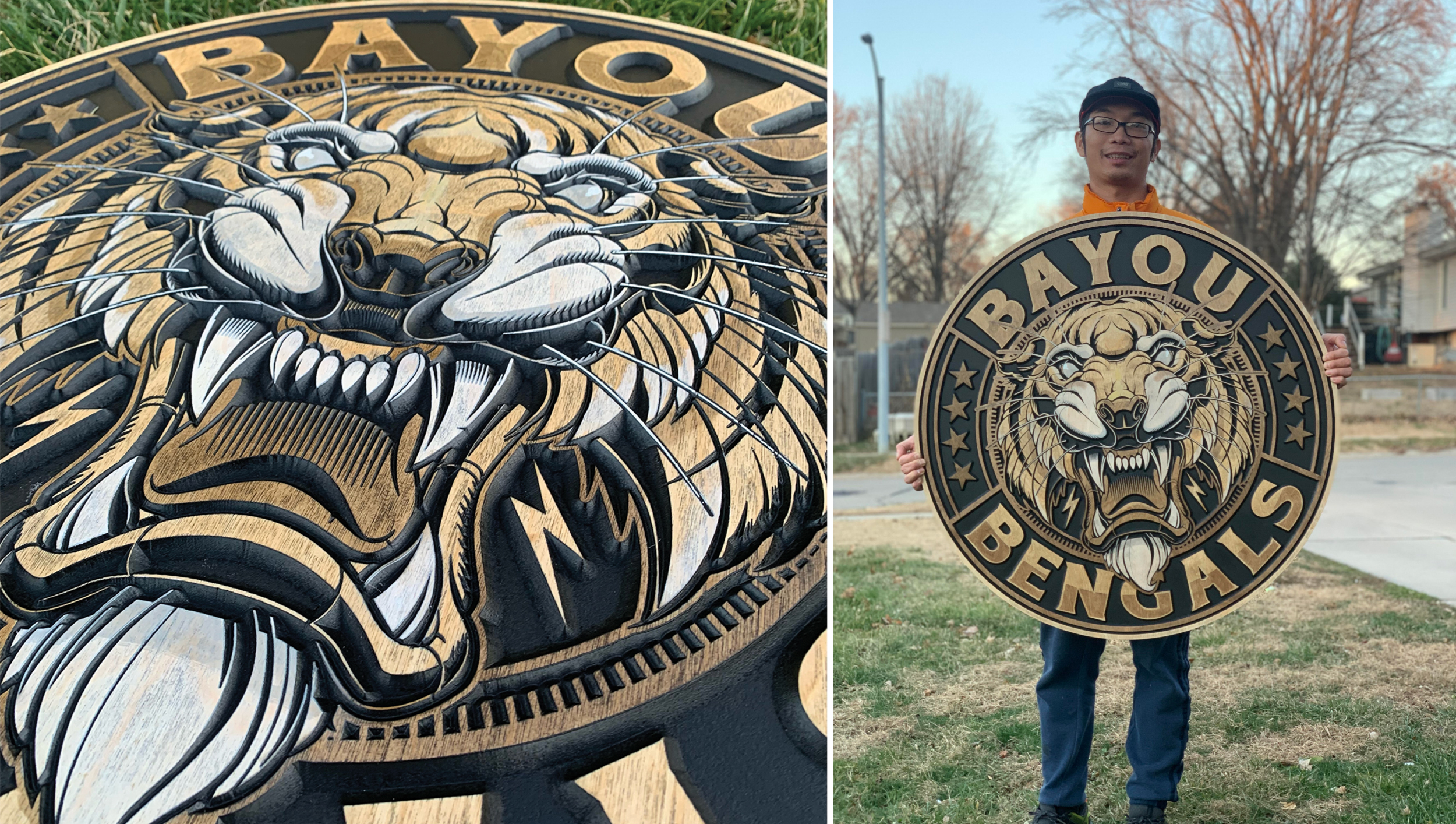 Layer it on. To enhance this carving’s dimensional look, Dinh added different walnut stains, working his way from lighter to darker tones before adding a final touch of white. 