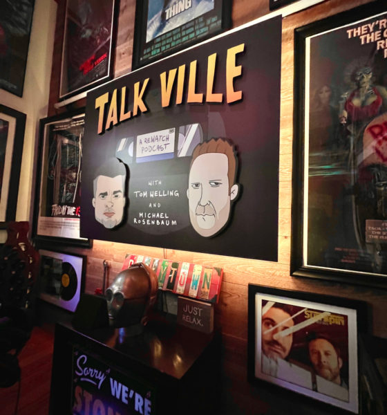 This lightweight, portable, battery-operated "Talk Ville" sign covers a neon one in this studio.