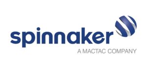 A logo with blue text that reads "spinnaker" in all lowercase with "A MACTAC COMPANY" in small, all caps below. Logo includes a blue and white circular gray logo to the right of "spinnaker" text.