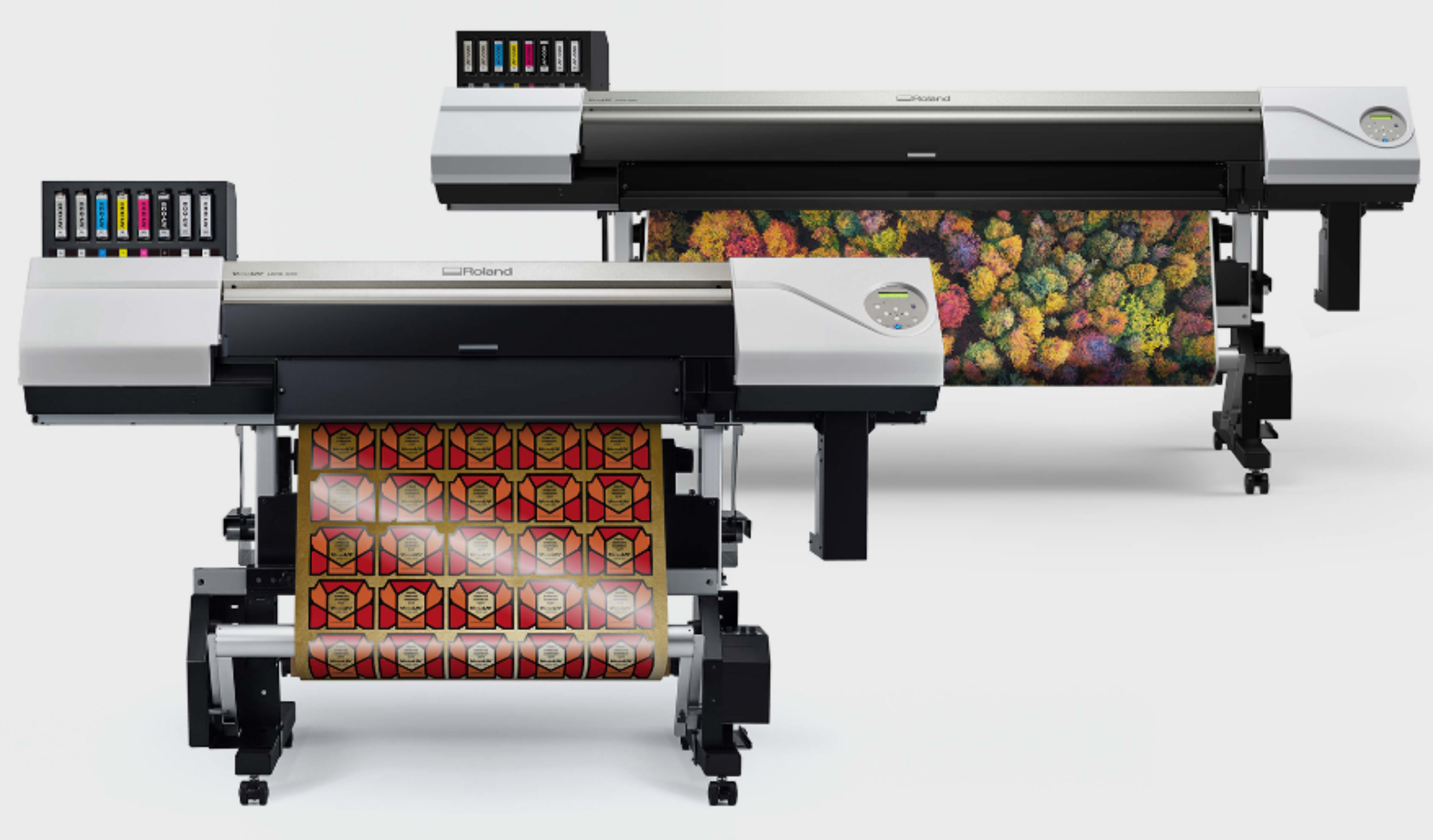 ROLAND DGA <br> VersaUV LEC2-640 (back right) and LEC2-330 UV LED (front left) printers/cutters