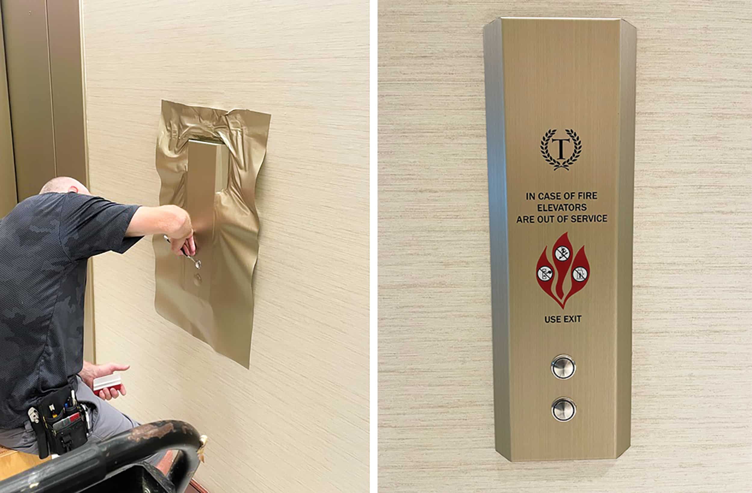 Applying Di-Noc in a gold, rolled-brush metallic finish to an elevator’s call button panel (left) and a completed panel (right).