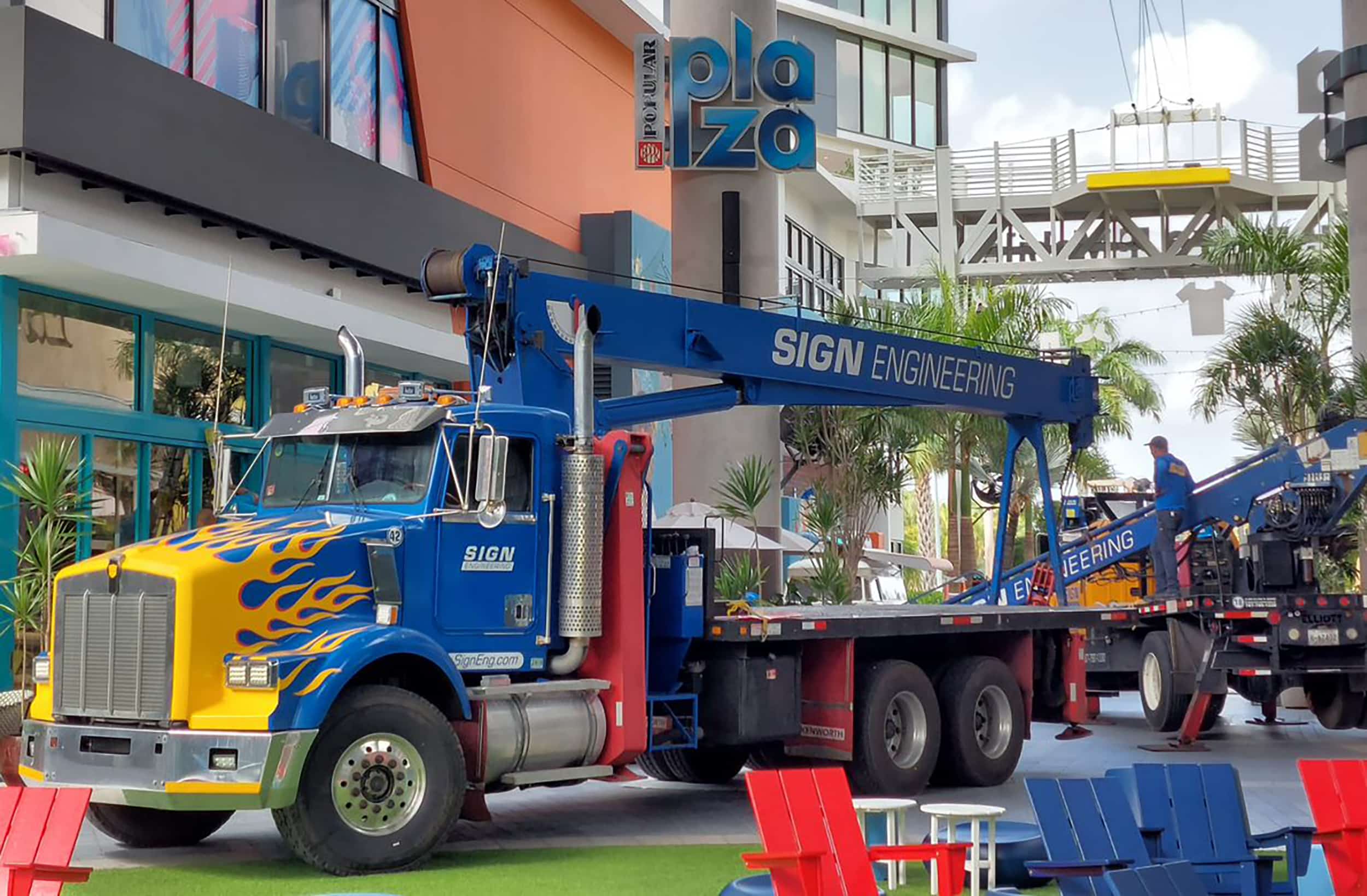 For Sign Engineering, the most interesting installs involve various crews with different types of equipment working together: work platforms (Elliott), lifting cranes (Manitex) and maybe a very large rented crane.