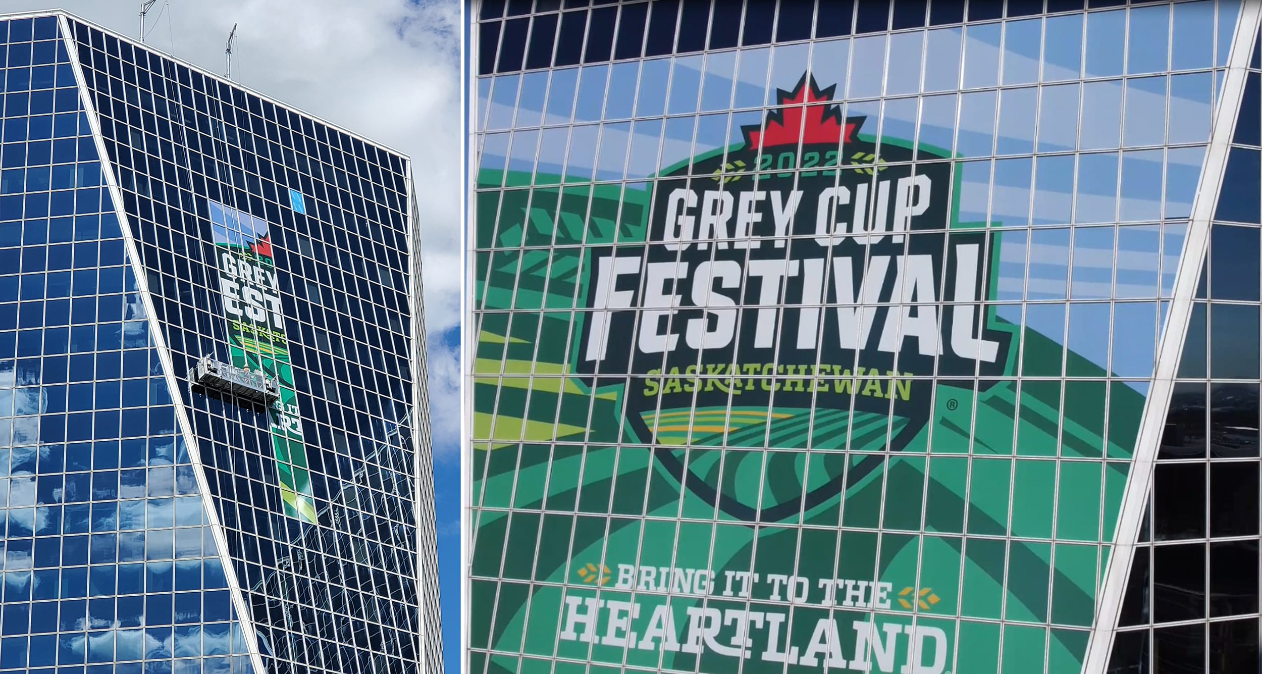 Sleek’s installers (above), using the only accessible single swing stage for the project. The Grey Cup Festival centers around the Canadian Football League’s championship game. 