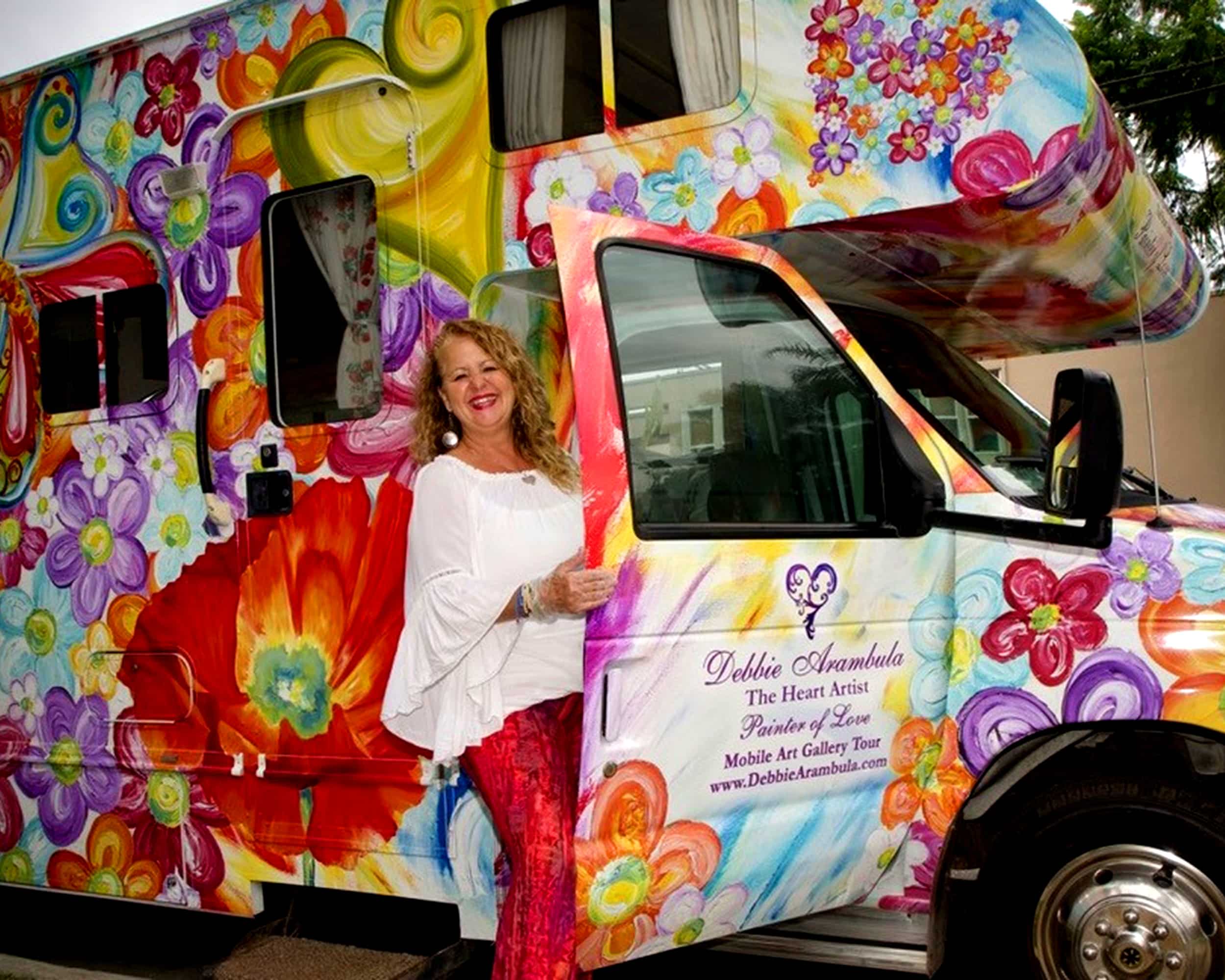  “The Heart Artist” Debbie Arambula drove her 2000 Itasca Spirit RV 31T around seven hours from San Francisco to Huntington Beach, CA for the wrap. 