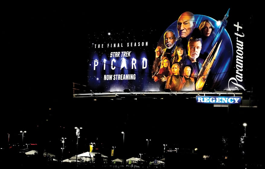 The Regency Star Trek Picard billboard makes for awesome nighttime viewing.